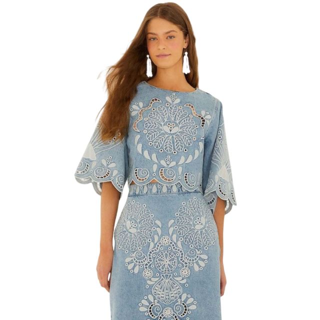 Farm Rio Γυναικείο Μπλούζα Denim Richelieux Cropped Blouse 349749 - 758609