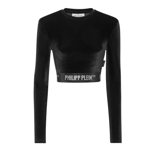 Philipp Plein Γυναικεία Μπλούζα Long-Sleeve Padded Shoulder Cropped Top Crystal FACC WRK0514 PTE003N
