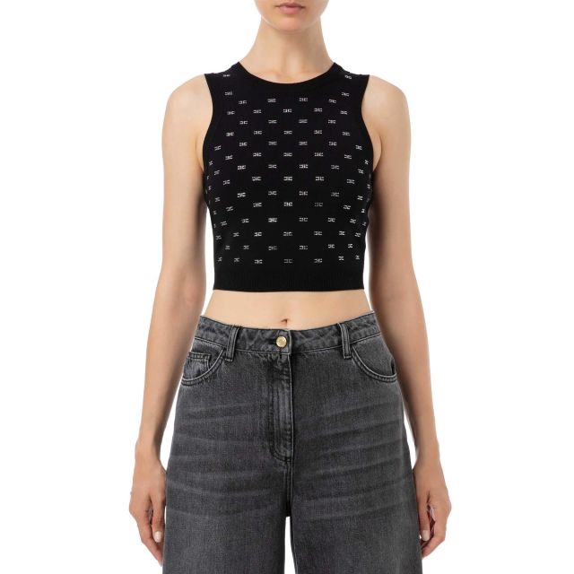 Elisabetta Franchi Γυναικεία Μπλούζα Knit Crop Top With Logo Pattern TK82B36E2