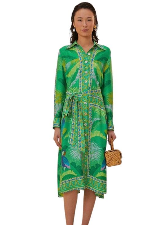 Farm Rio Γυναικείο Φόρεμα Main Macaw Scarf Green Chemise Dress 317857