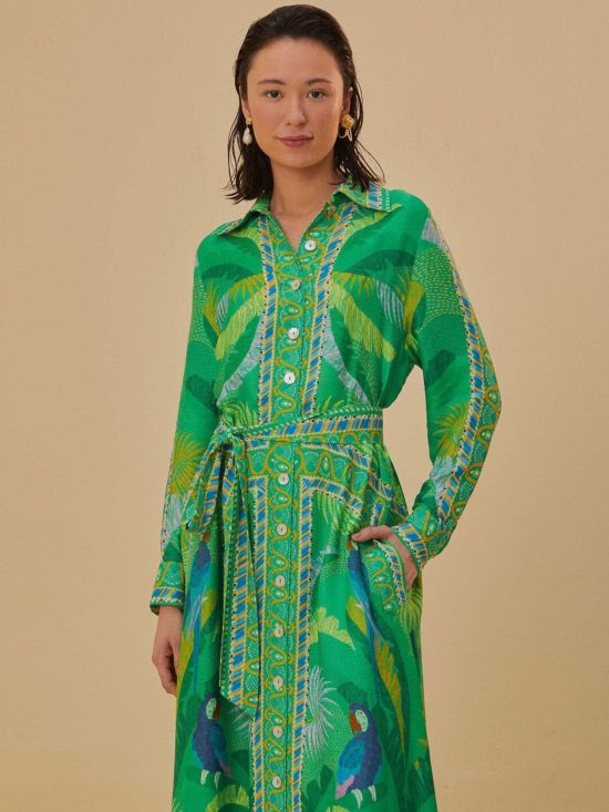 Farm Rio Γυναικείο Φόρεμα Main Macaw Scarf Green Chemise Dress 317857