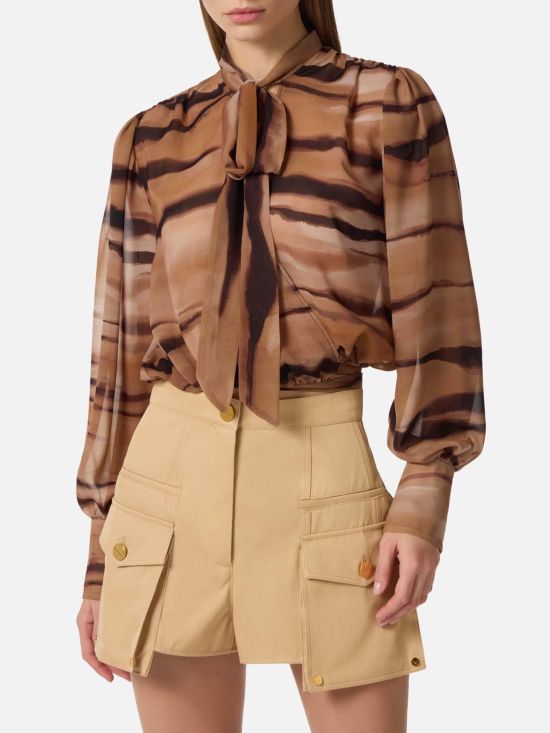 Elisabetta Franchi Γυναικεία Μπλούζα Chiffon Blouse With Tiger Print CA16062E2